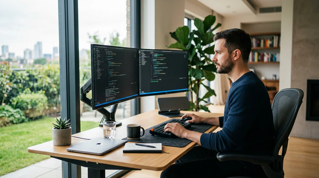 Développeur ou développeuse freelance travaillant sur un setup double écran dans un bureau moderne et lumineux.