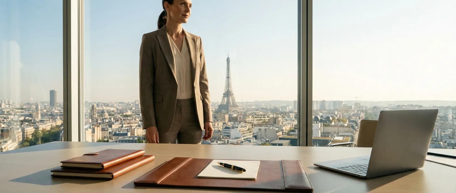 Entrepreneur seul dans un bureau moderne de haut standing surplombant la ville, illustrant la SASU