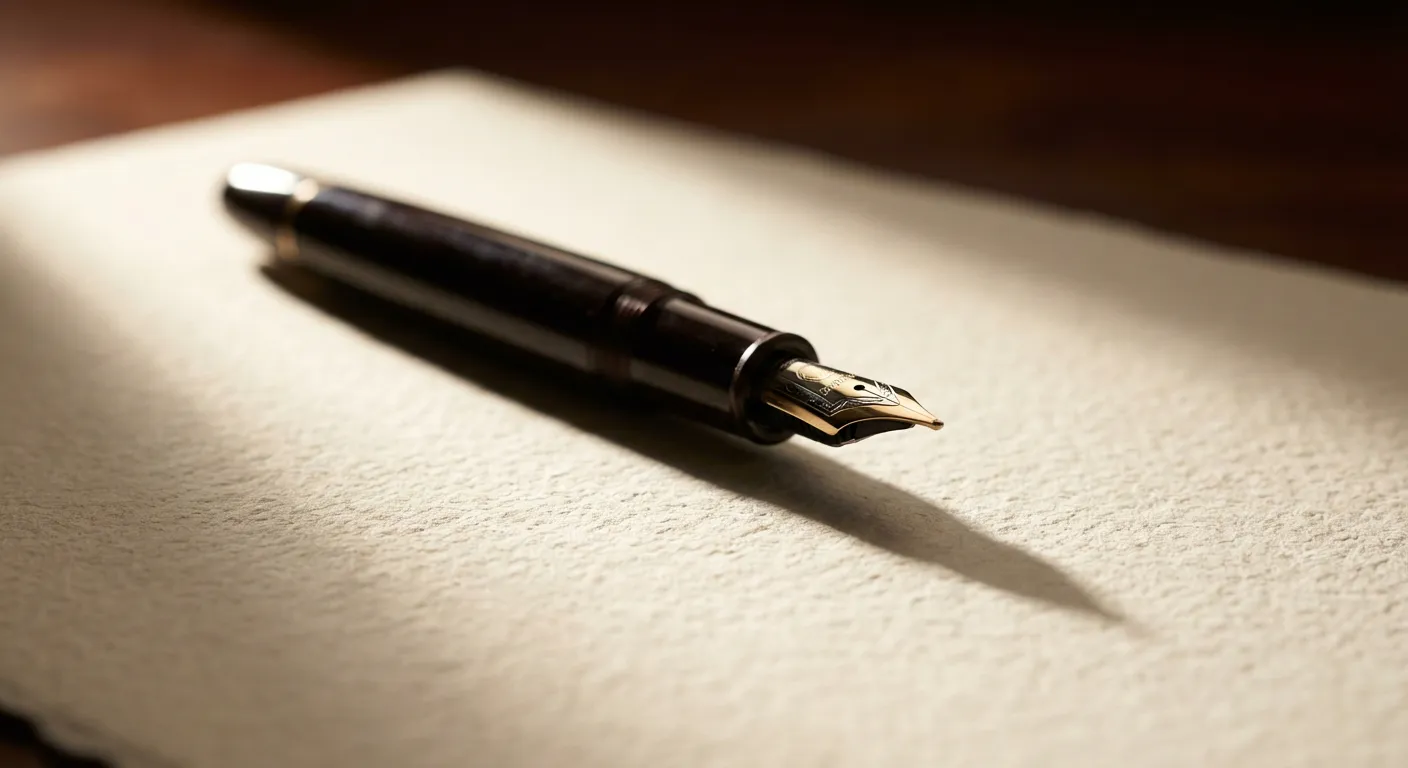 Gros plan d'un stylo plume sur un papier texturé symbolisant la rédaction du rapport moral.