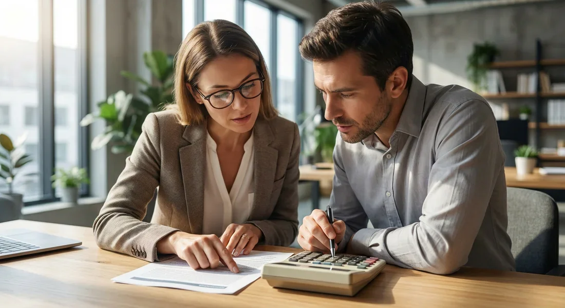 Entretien professionnel entre un salarié et son manager autour d'un document et d'une calculatrice dans un bureau moderne.