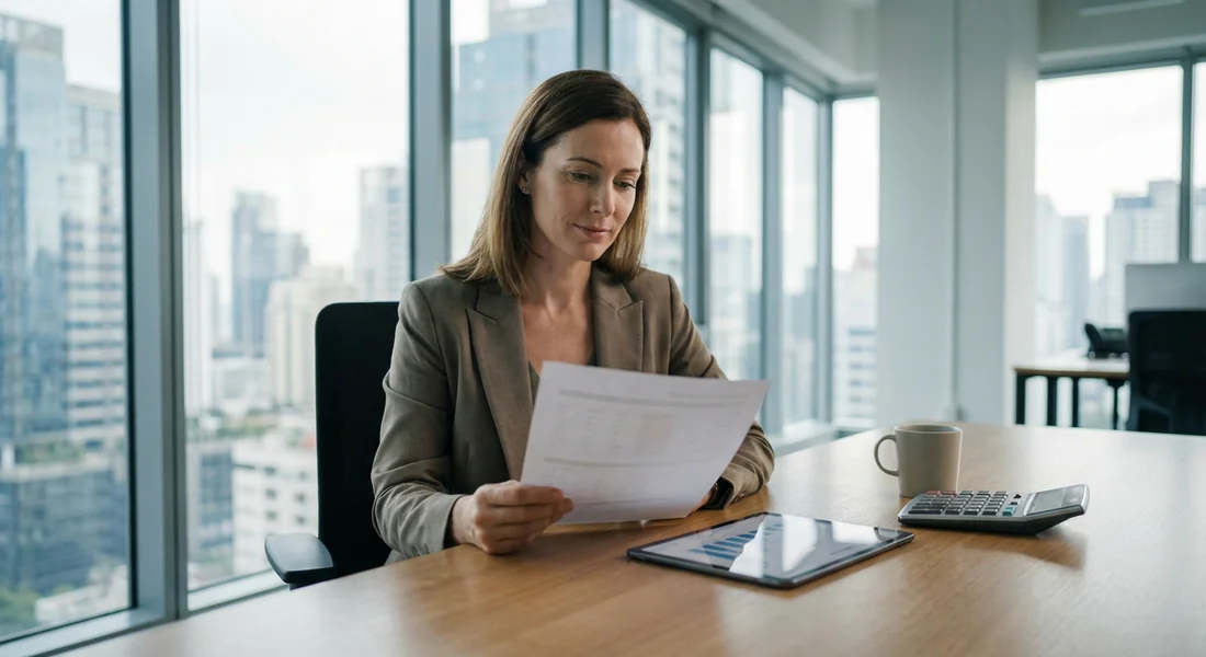 Entrepreneur dans un bureau moderne analysant des documents financiers pour une avance sur dividendes