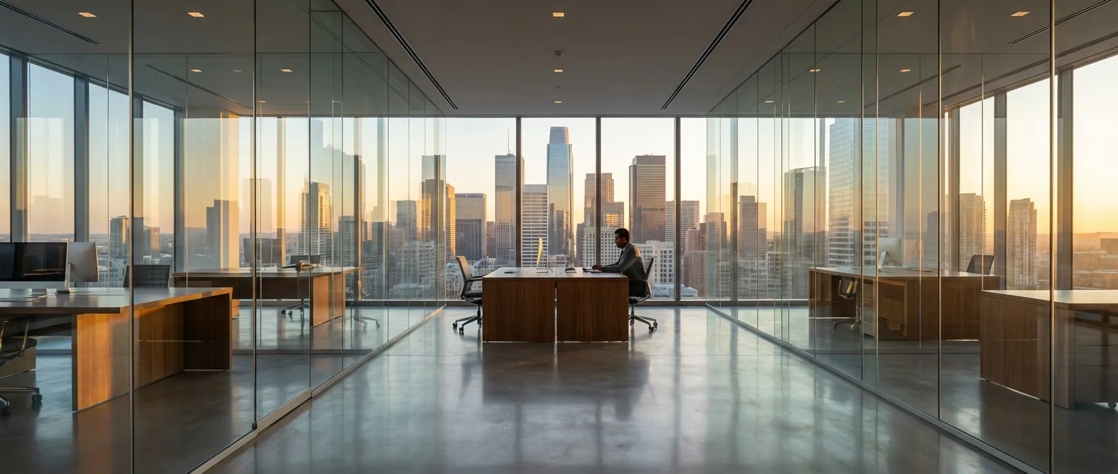 Bureau de direction luxueux surplombant une métropole à l'aube pour illustrer la clarté de la déclaration CA3