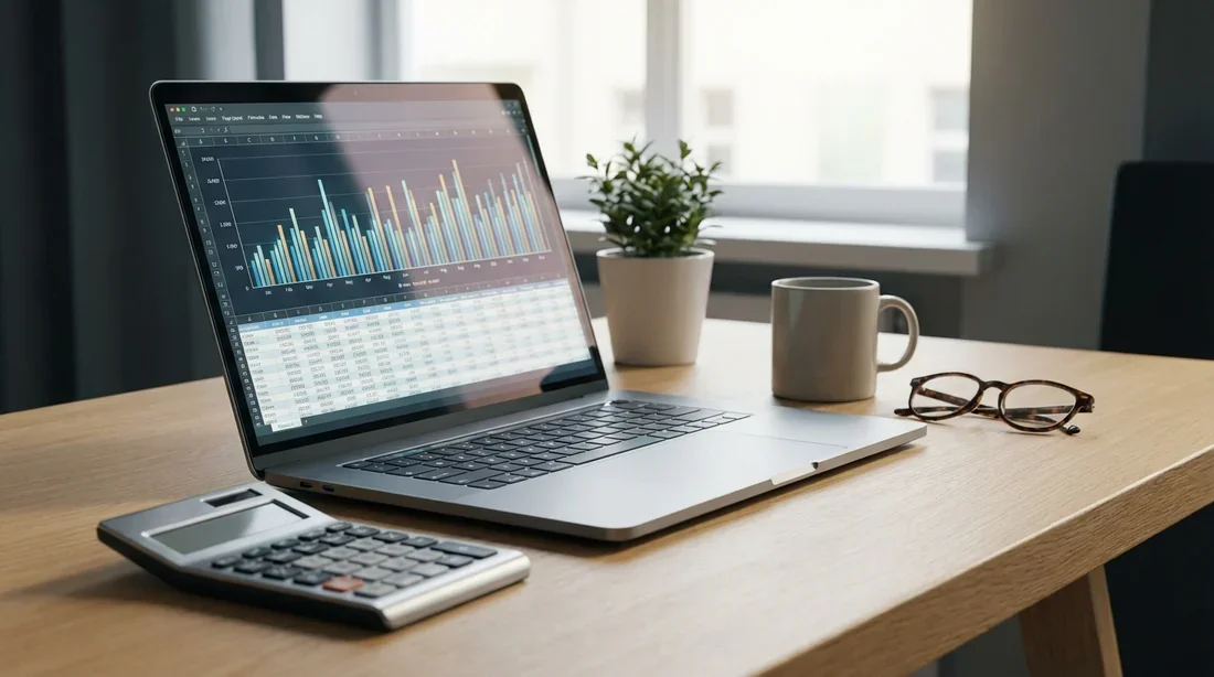 Environnement de travail pour le calcul des aides financières Bureau moderne avec ordinateur affichant des graphiques financiers et une calculatrice pour le calcul de la CAF