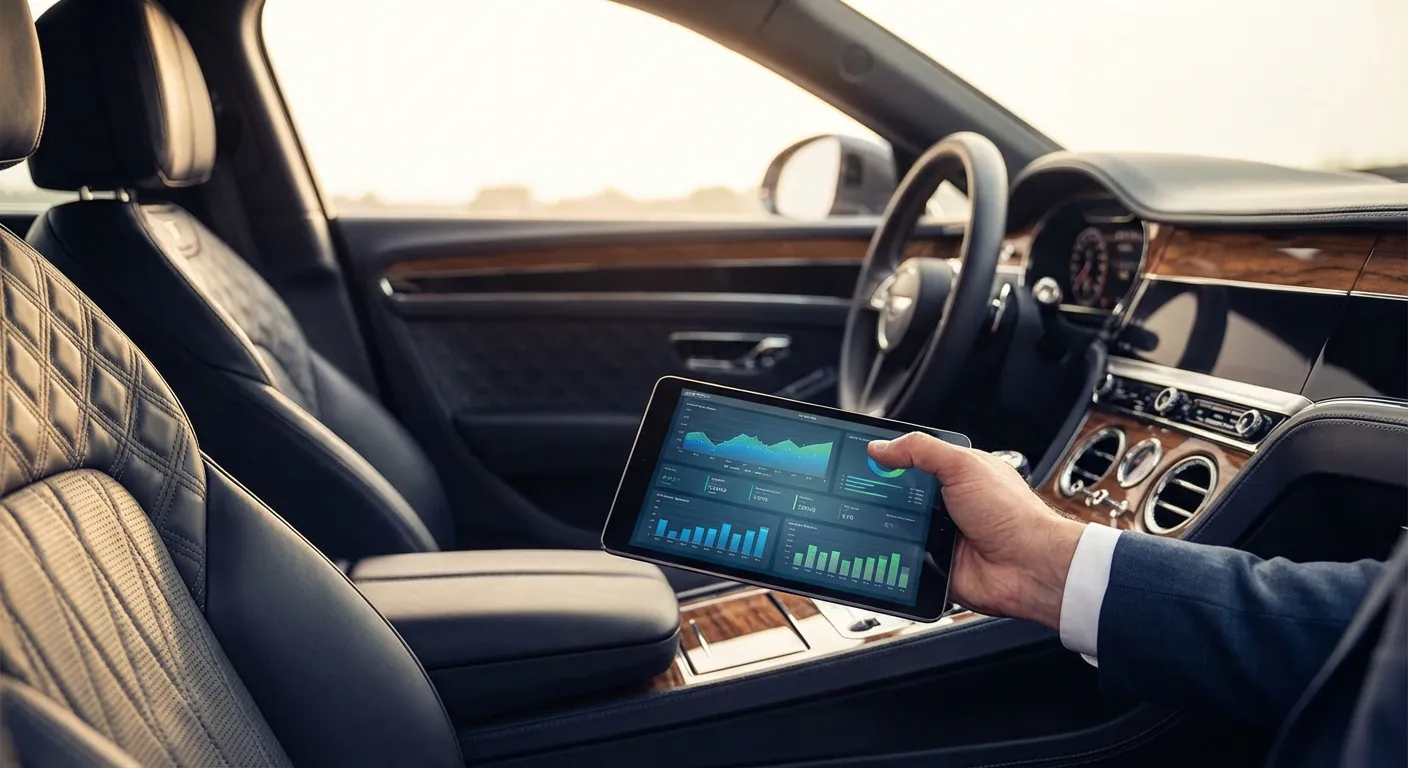 Un entrepreneur analysant ses données financières à l'intérieur d'un véhicule de standing