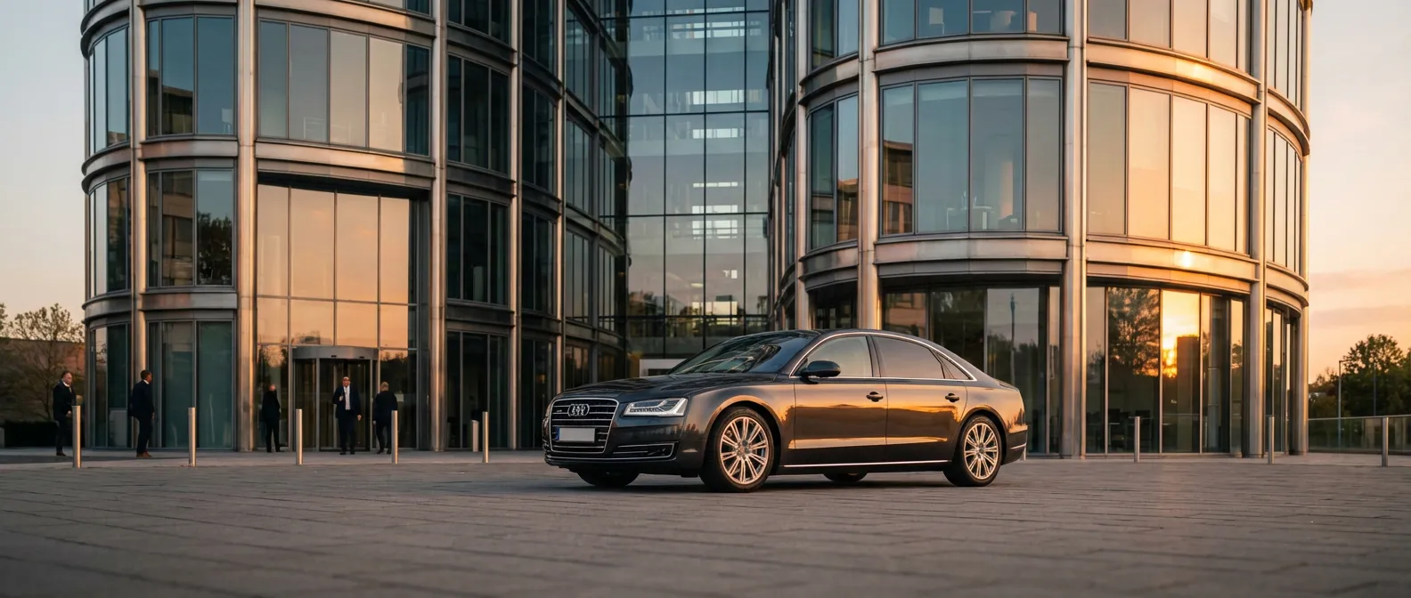 Une voiture de luxe garée devant un immeuble de bureaux moderne au coucher du soleil représentant le concept de car allowance
