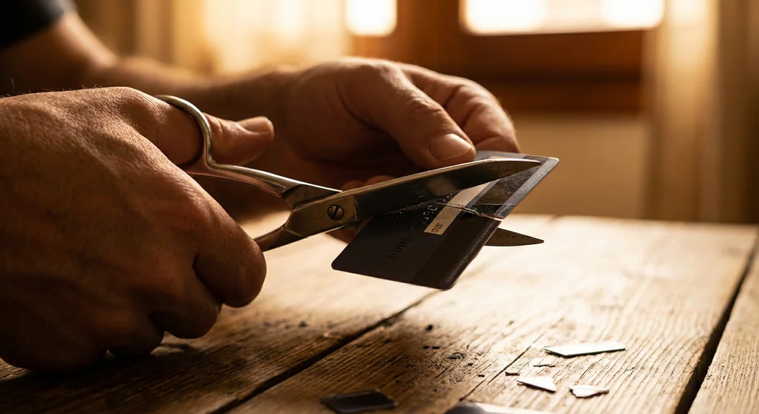 Action de couper une carte de crédit pour symboliser la fin des dettes.