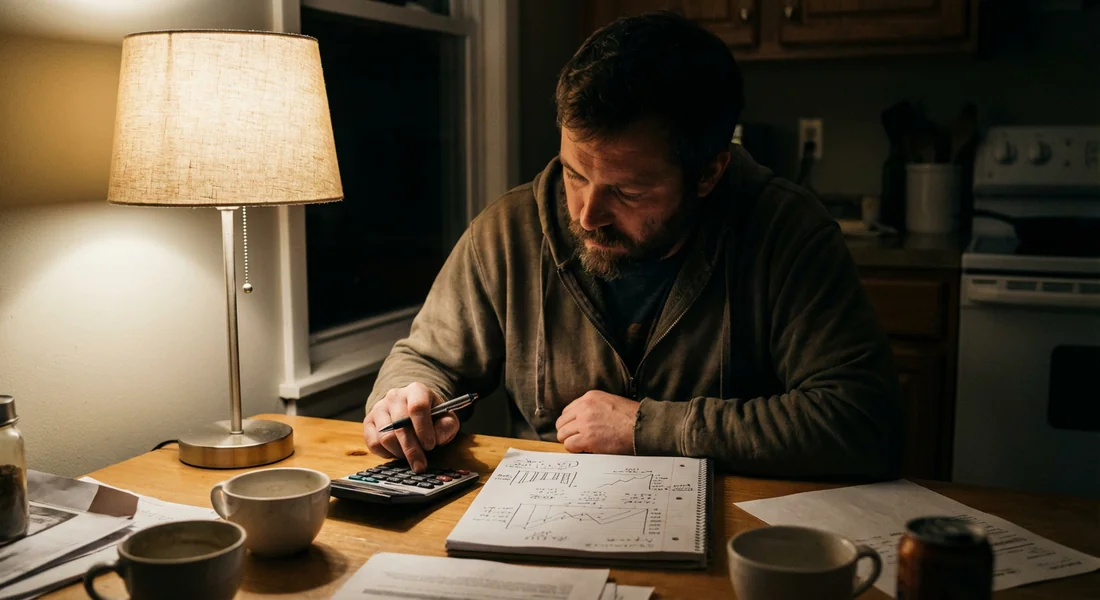 Homme de 35 ans concentré rédigeant un plan de désendettement à sa table de cuisine le soir.