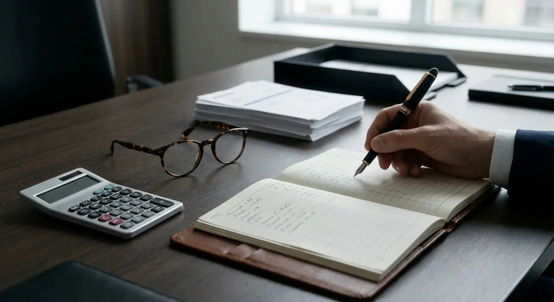 Comptabilisation des débours : organisation et rigueur professionnelle Bureau professionnel avec calculatrice, factures et livre de comptes pour la gestion des débours.