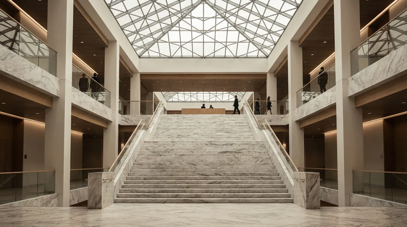 Architecture intérieure majestueuse d'un tribunal de commerce moderne.