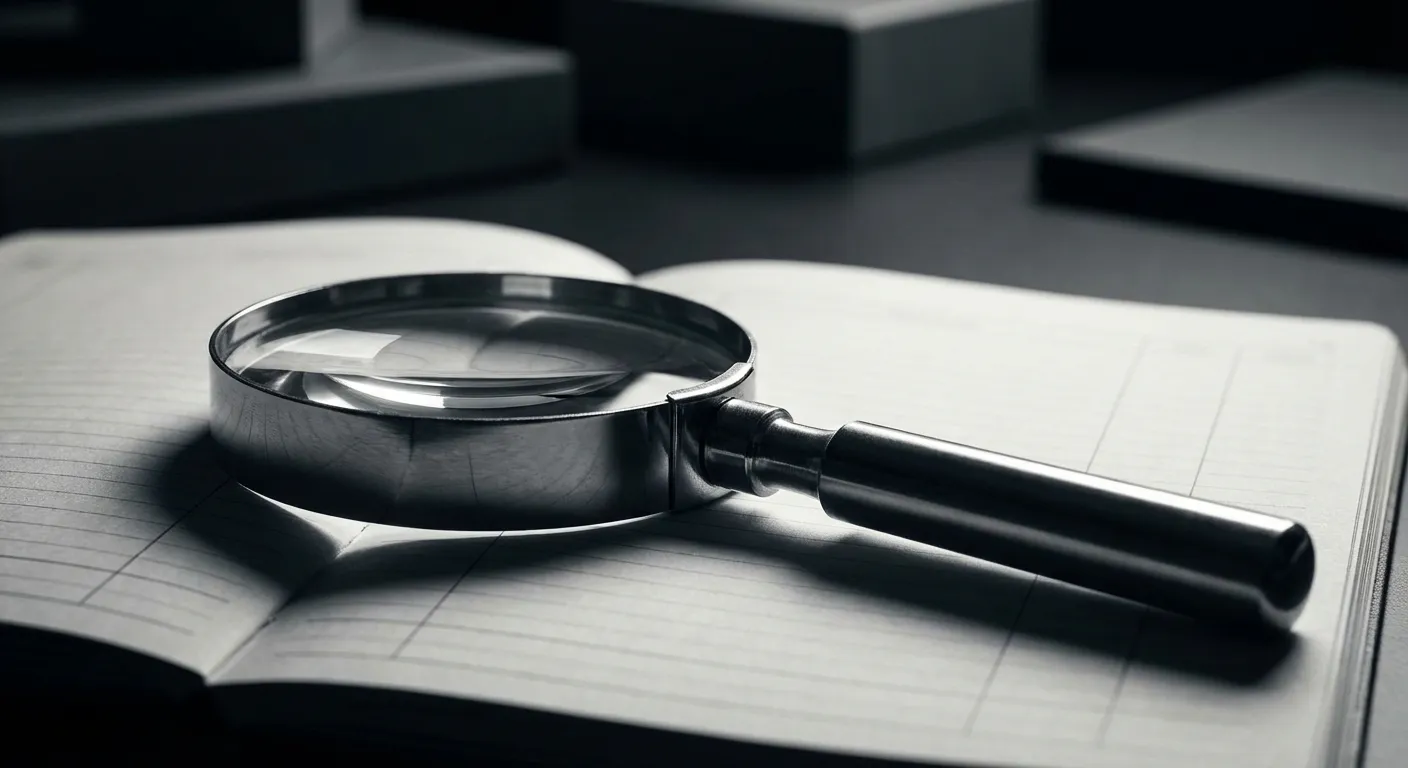 Gros plan minimaliste sur une loupe et un registre financier pour la vérification des créances.