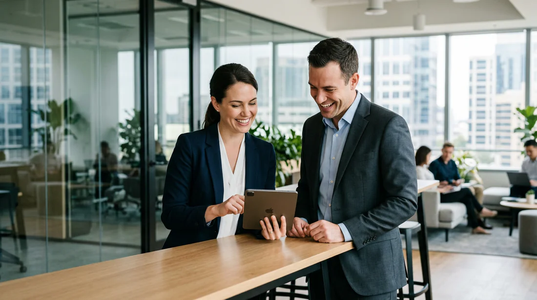 Main tenant un smartphone avec un graphique boursier haussier vert et logos d'entreprises en arrière-plan.