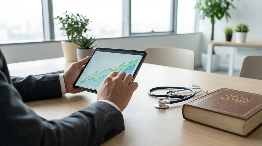 Bureau d'expert-comptable pour professions libérales avec stéthoscope et code civil.