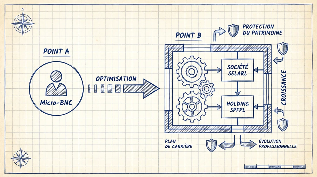 Schéma d'optimisation fiscale du Micro-BNC vers la SELARL et SPFPL.