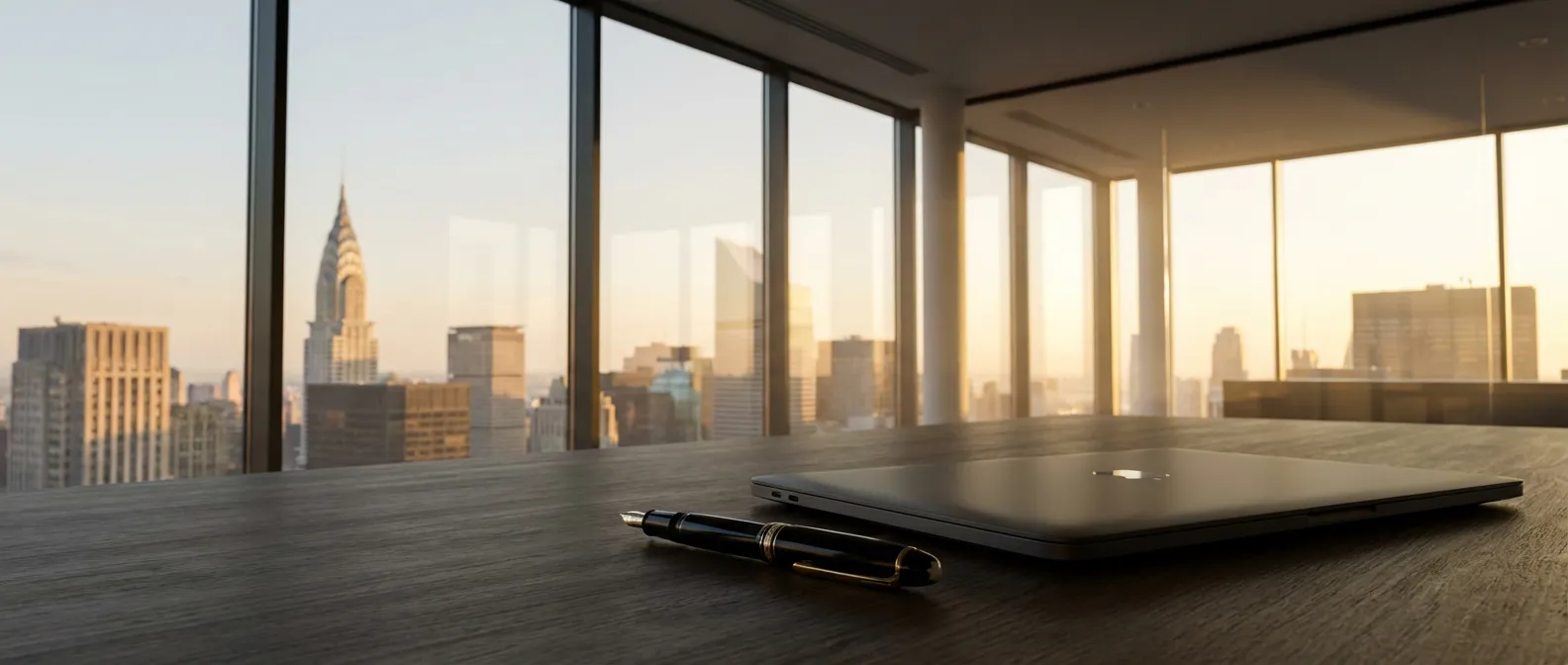 Bureau d'entrepreneur moderne avec vue sur la ville au coucher du soleil, symbolisant la clôture d'un contrat.
