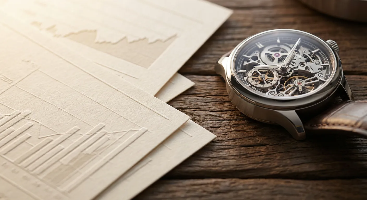 Détail macro de documents financiers et d'une montre de luxe évoquant la précision du calcul du solde.