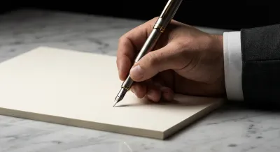 Main d'un professionnel s'apprêtant à signer une facture de solde sur un bureau en marbre.