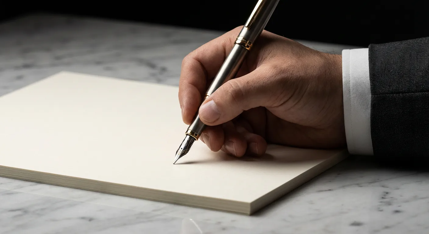 Main d'un professionnel s'apprêtant à signer une facture de solde sur un bureau en marbre.