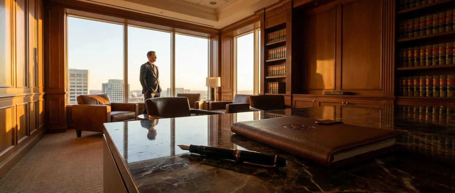 Bureau de direction luxueux avec dossier juridique et stylo plume sous une lumière dorée