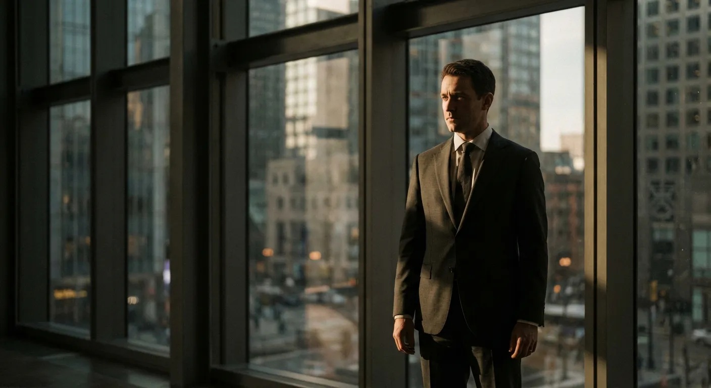 Homme d'affaires en costume devant une vue urbaine, illustrant les enjeux de la procédure disciplinaire