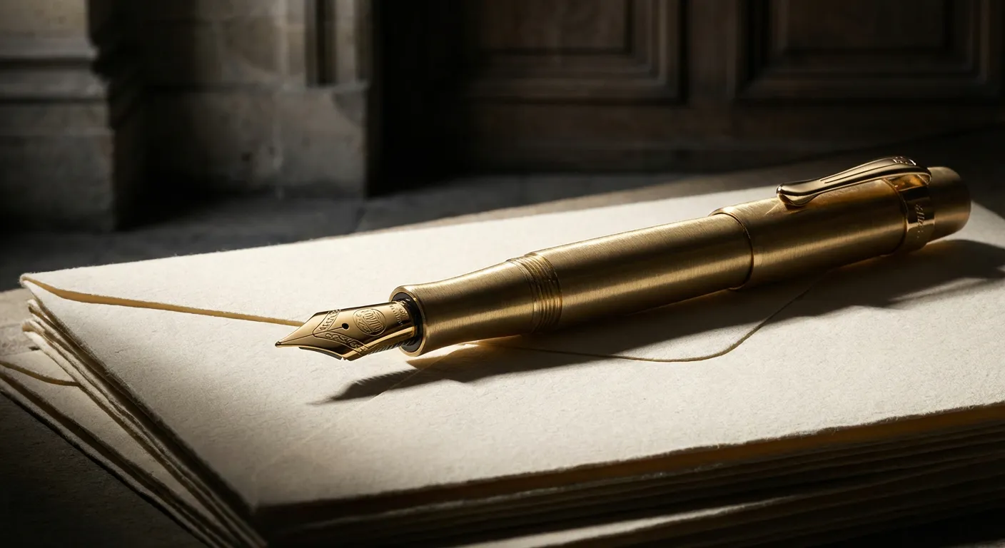 Stylo plume et enveloppe sur fond sombre, symbole de démission officielle.