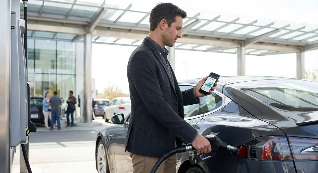 Professionnel utilisant une application de gestion de flotte à une station-service