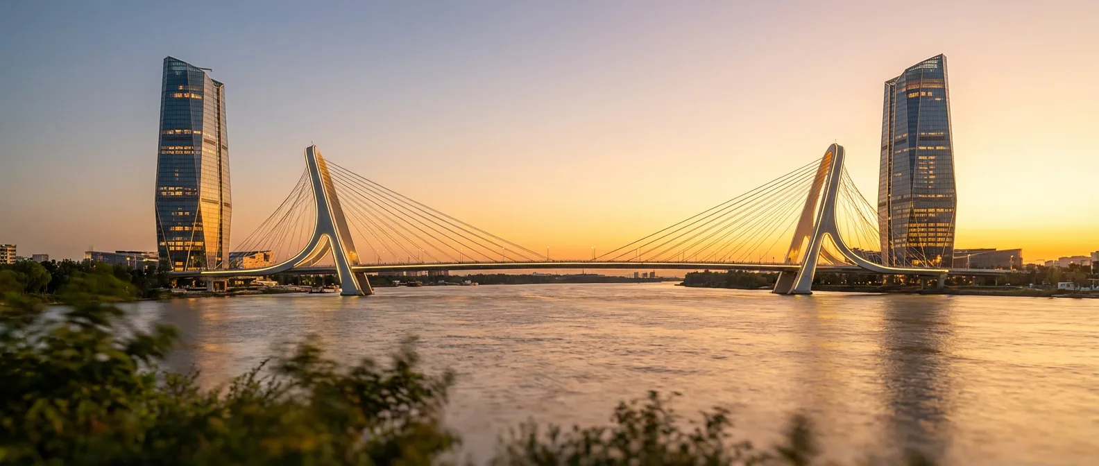Pont moderne reliant deux tours en verre au crépuscule symbolisant la transition du CDD au CDI