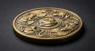 Gros plan d'une pièce physique de memecoin Pepe, design minimaliste et luxueux.