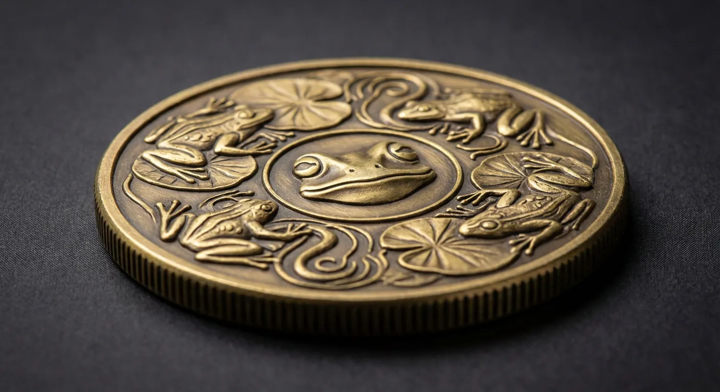 Gros plan d'une pièce physique de memecoin Pepe, design minimaliste et luxueux.