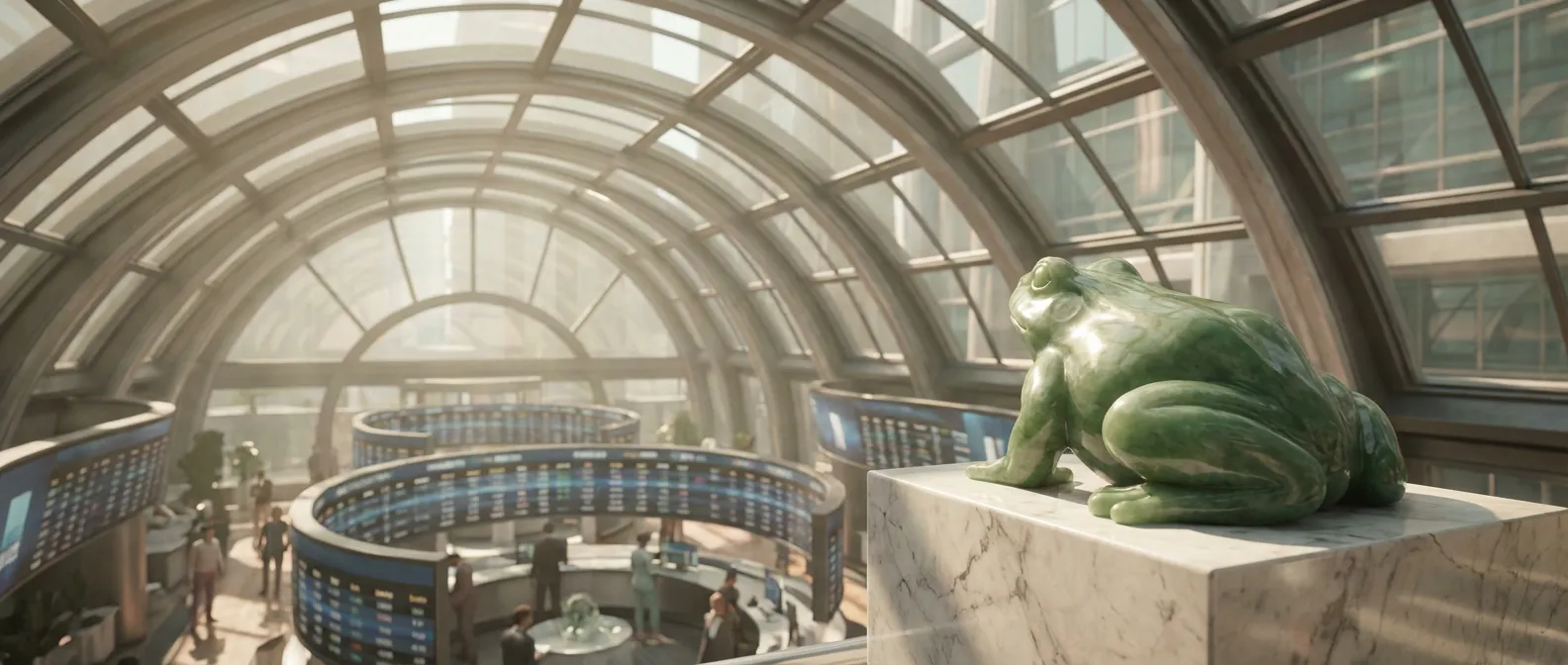 Sculpture majestueuse d'une grenouille en émeraude dans une bourse futuriste, image épique crypto Pepe.