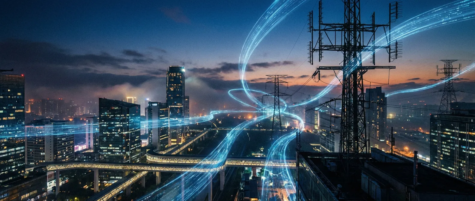 Réseau d'infrastructure physique décentralisé illuminé dans une ville futuriste