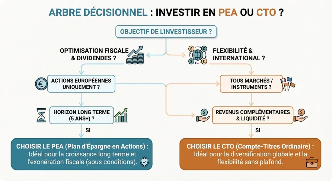 Infographie d'aide à la décision pour choisir entre PEA et CTO.