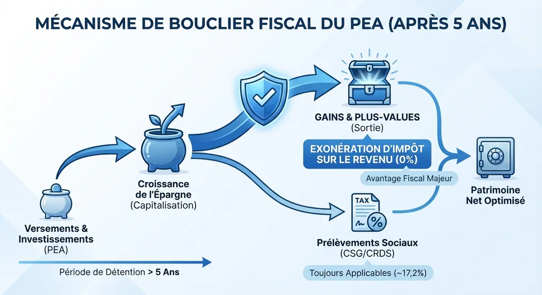 Schéma explicatif de la fiscalité avantageuse du PEA après 5 ans.