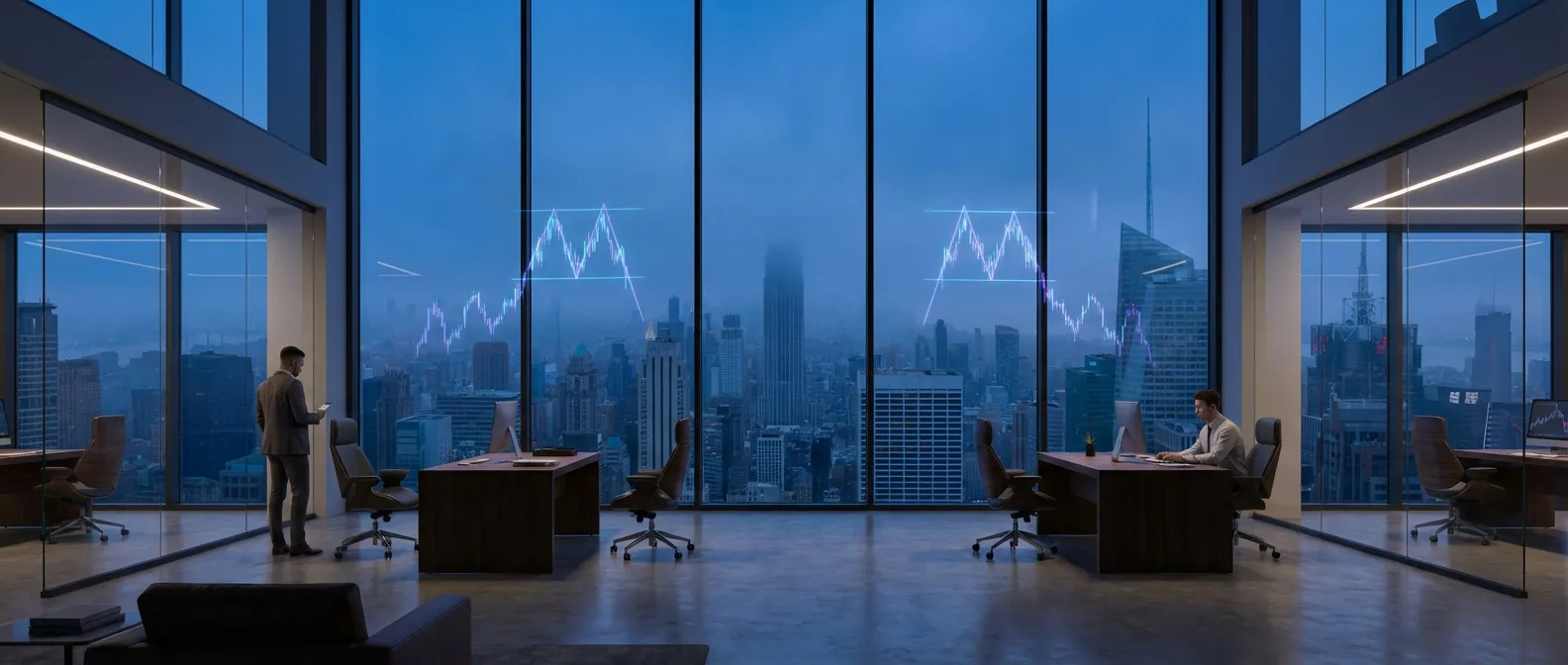 Bureau de trading luxueux avec vue sur la skyline et graphiques boursiers en hologramme