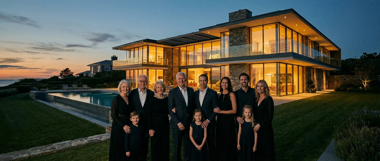 Famille devant une villa moderne de luxe représentant un investissement en SCI familiale