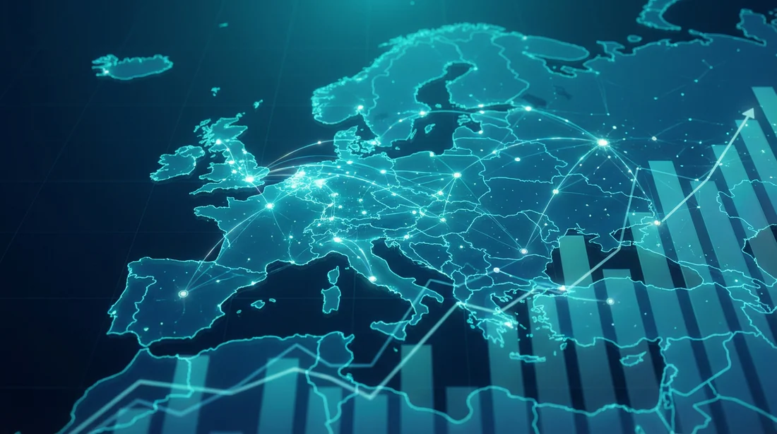 Carte de l'Europe connectée par des nœuds numériques avec un graphique boursier en hausse, symbolisant l'Euro Stoxx 600.