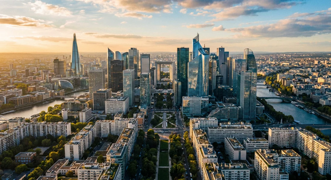 Quartier d'affaires moderne symbolisant les grandes entreprises européennes.