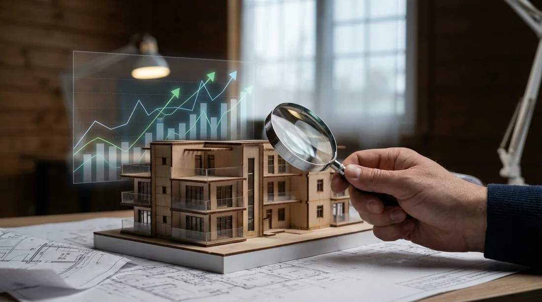 Expertise et analyse du marché immobilier Analyse d'investissement immobilier avec loupe et graphiques financiers