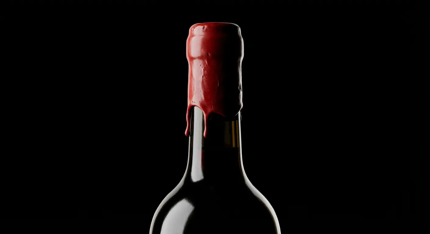 Gros plan iconique d'un goulot de bouteille de grand cru avec sceau de cire sur fond noir.