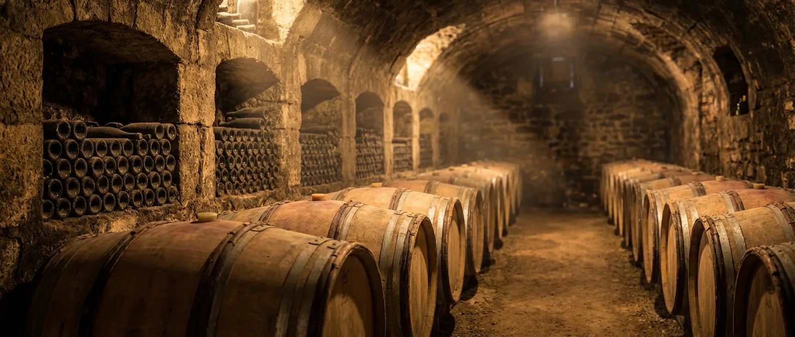Vue panoramique d'une cave à vin prestigieuse avec des fûts de chêne et des bouteilles de collection pour l'investissement.