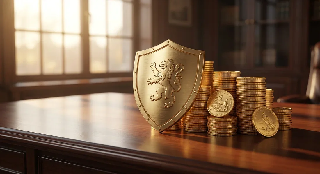 Bouclier doré et pièces d'or symbolisant la protection du capital obligataire.