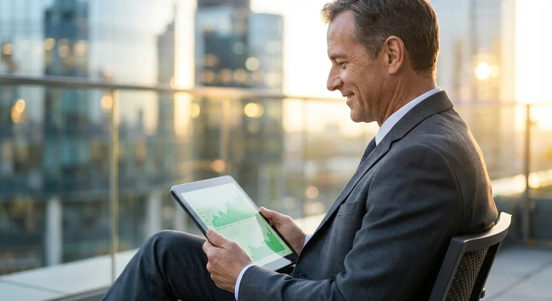 Investisseur serein analysant des graphiques obligataires stables sur une tablette devant un bâtiment financier.