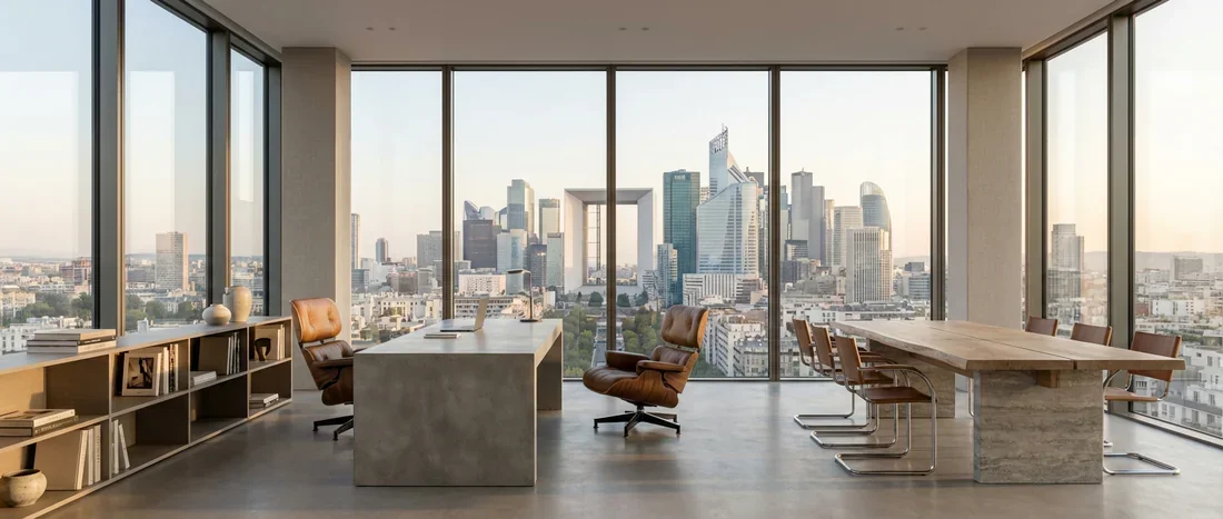 Bureau de direction moderne avec vue sur le quartier d'affaires de La Défense, symbolisant la stabilité financière.