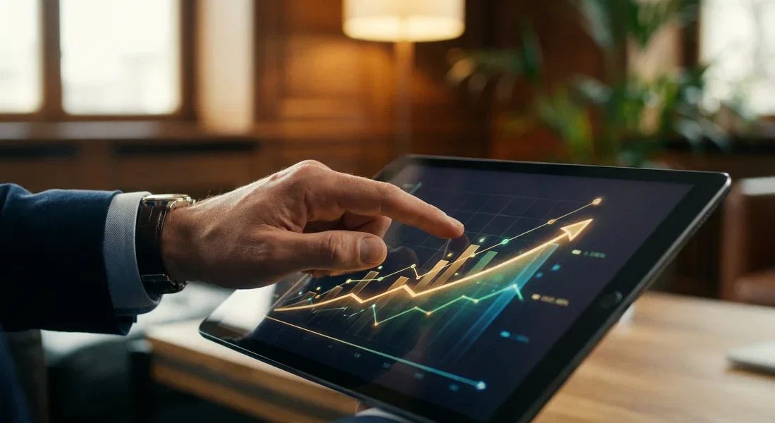 Main d'un investisseur consultant ses comptes sur une tablette numérique.