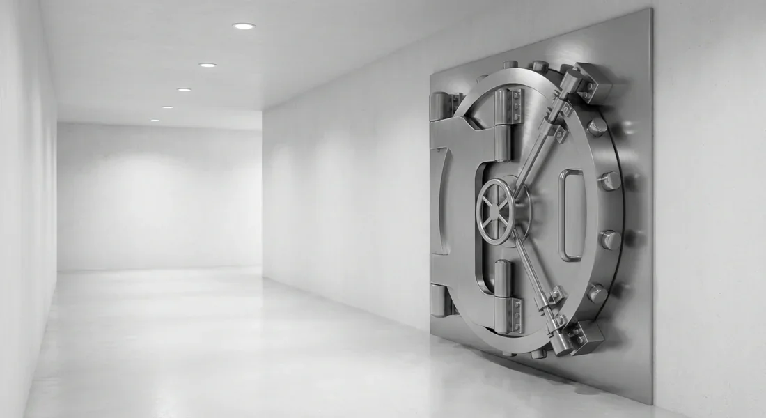 Porte de coffre-fort moderne illustrant la sécurité des fonds bancaires.