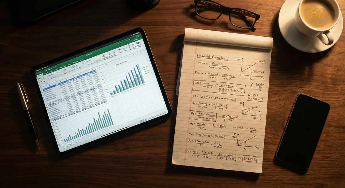 Bureau avec outils de calcul financier pour déterminer le LTV.