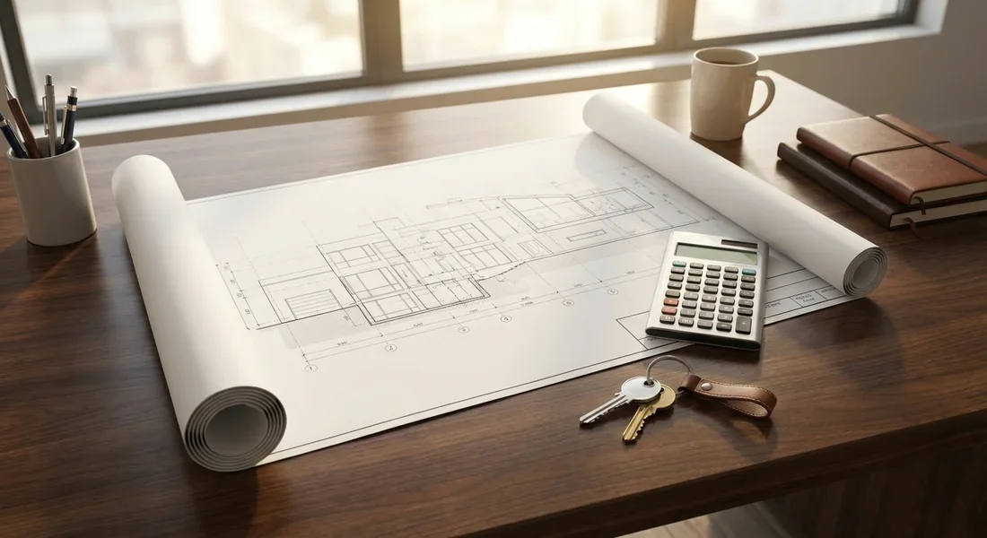 Plan d'architecte avec calculatrice et clés de maison sur un bureau professionnel, illustrant le financement immobilier.