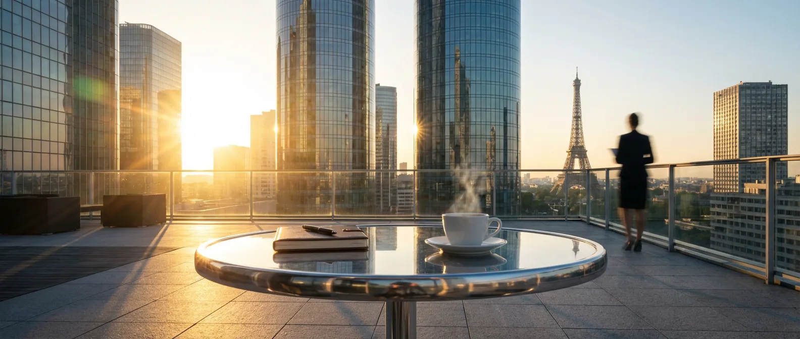 Vue panoramique cinématique du quartier de la Défense à Paris au lever du soleil pour illustrer l'avis sur le PEA Boursorama