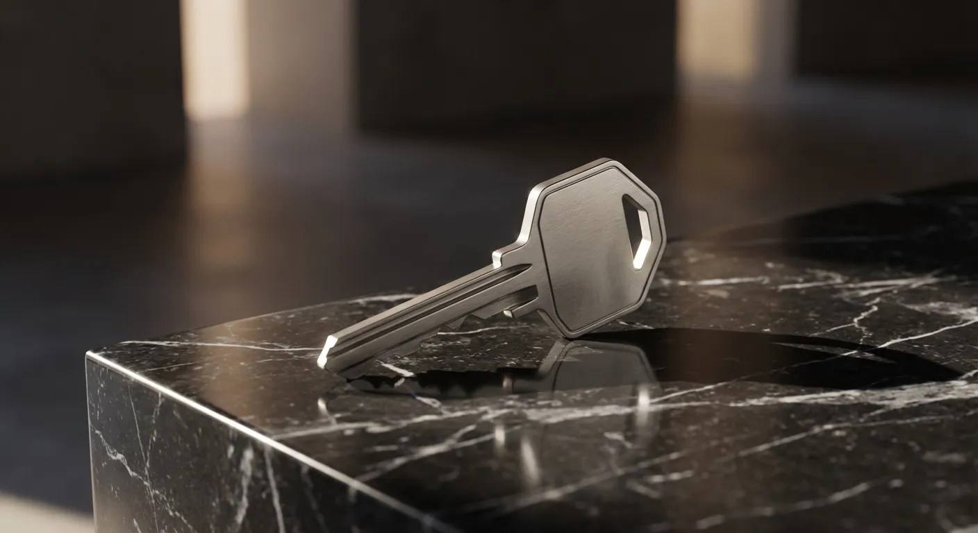 Gros plan iconique d'une clé de maison moderne sur un support en marbre