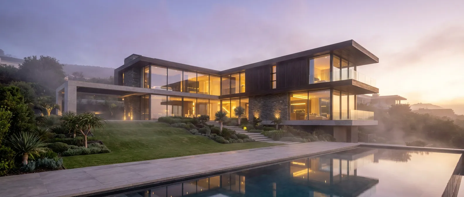 Villa moderne luxueuse au lever du soleil symbolisant la réussite d'un investissement immobilier haut de gamme