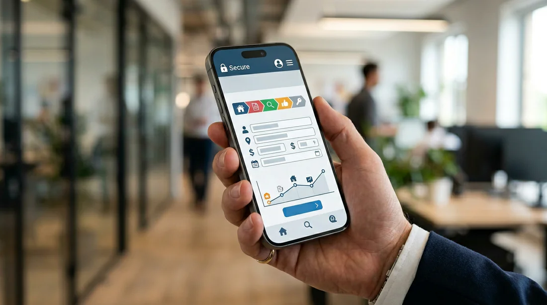 Couple trentenaire souriant consultant une offre de prêt immobilier Fortuneo sur une tablette dans un salon moderne.